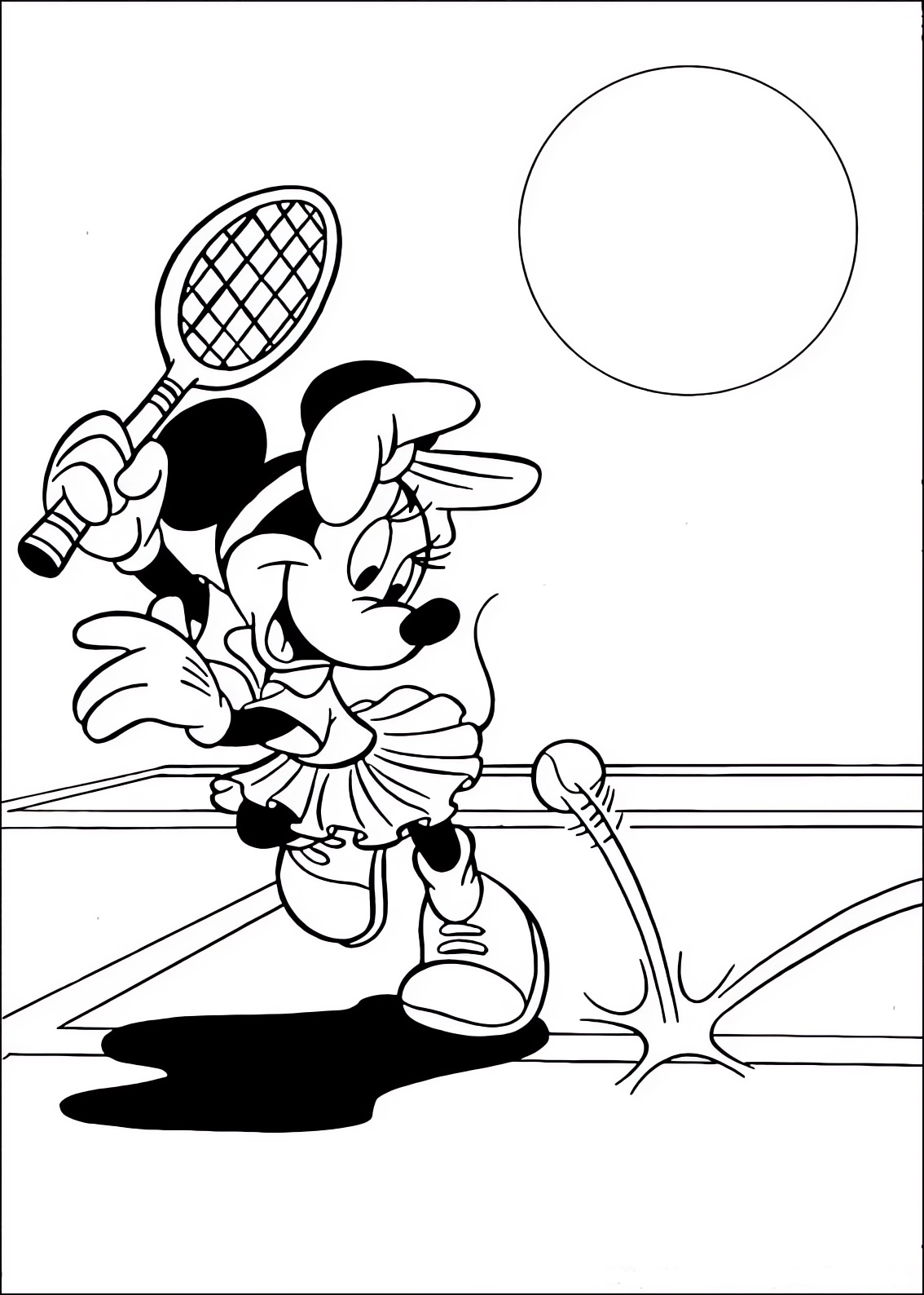 Coloring page of Minnie Mouse playing tennis