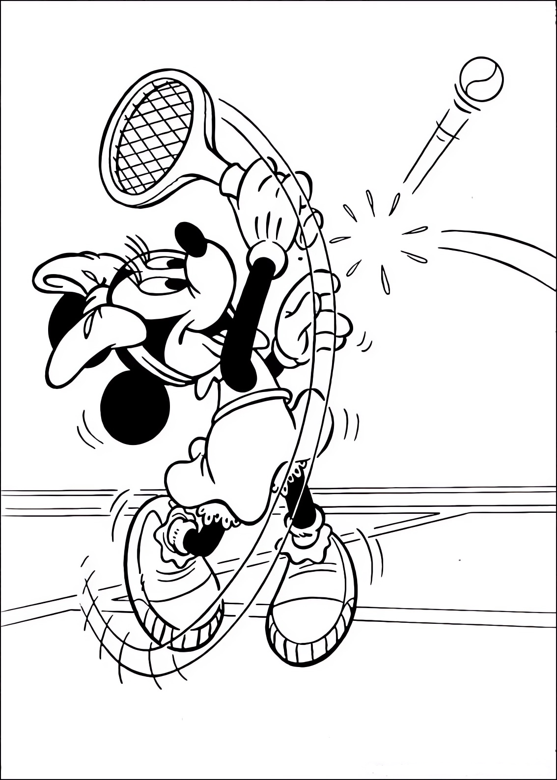 Coloring page of Minnie Mouse playing tennis
