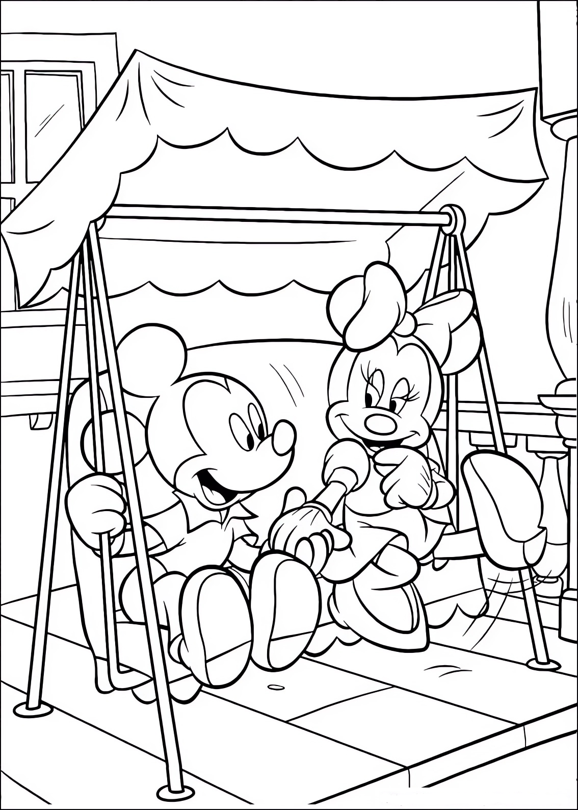 Fargeleggingsside av Minnie og Mikke på husken