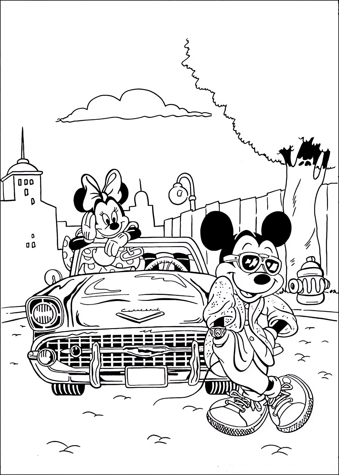 Coloring page of Minnie and Mickey Mouse (Mickey Mouse) with the car and cool clothing