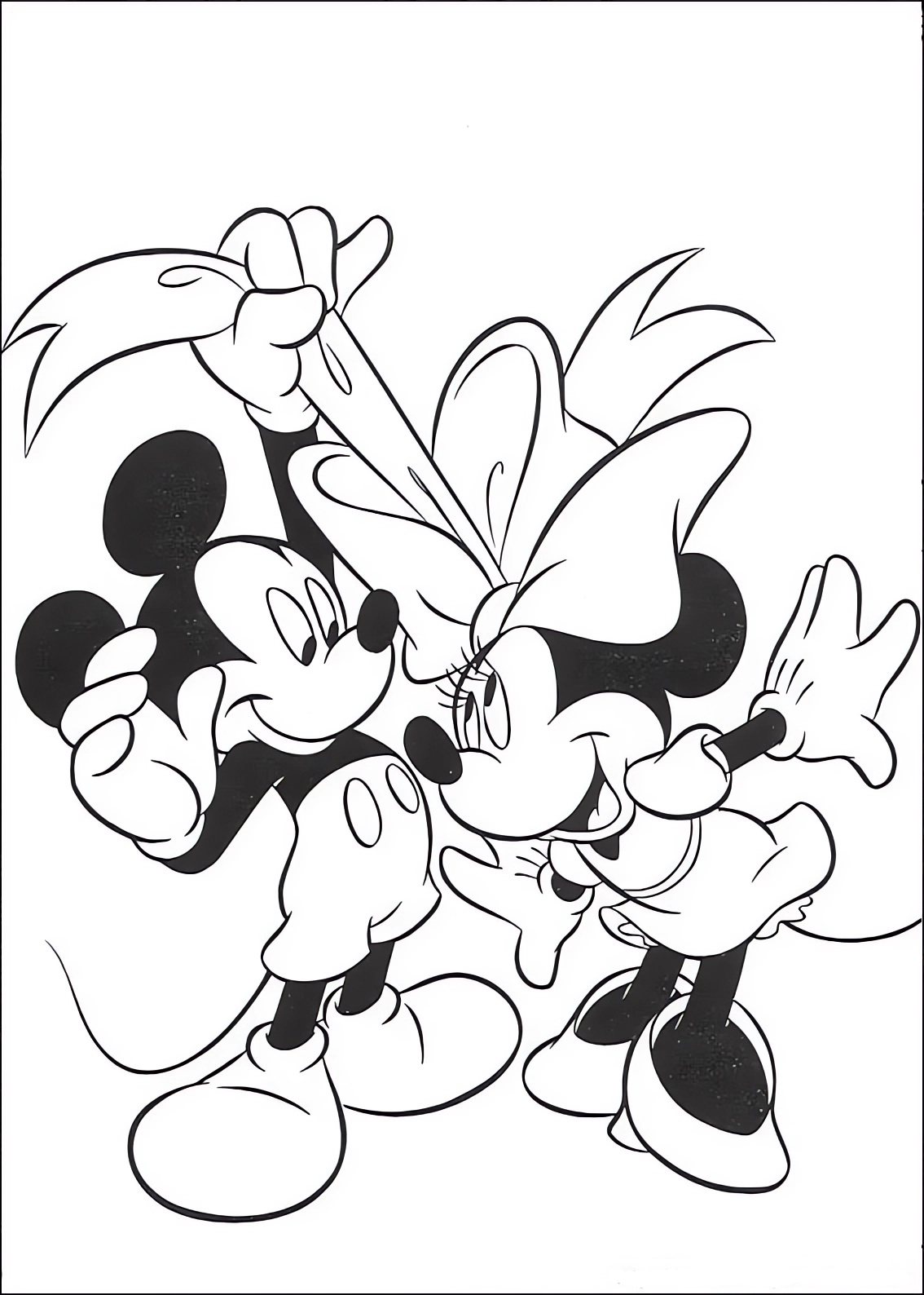 Disegno da colorare di Topolino (Mickey Mouse) che lega il fiocco di Minnie