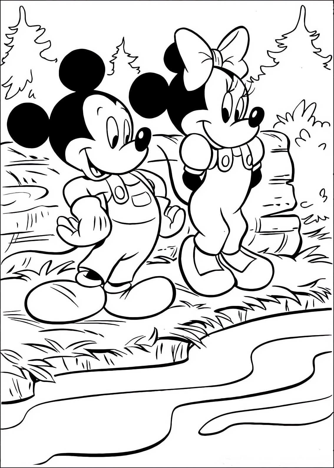 Disegno da colorare di Minnie e Topolino (Mickey Mouse) al fiume