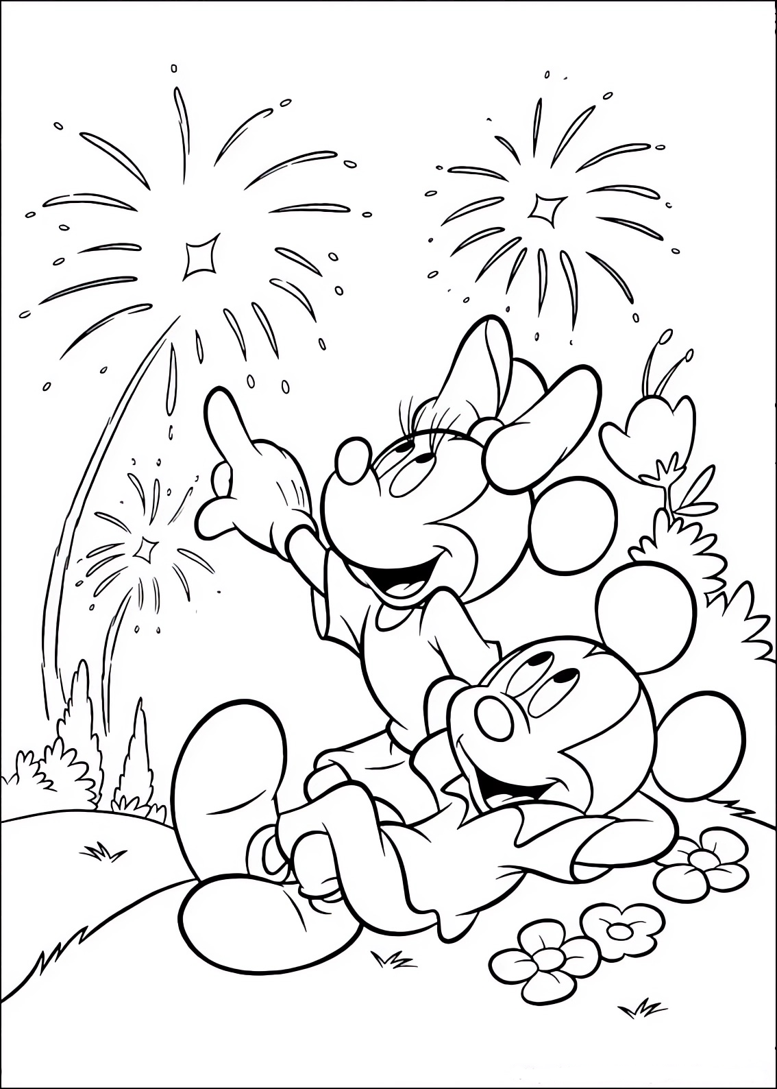 Disegno da colorare di Minnie e Topolino (Mickey Mouse) che guardano i fuochi d'artificio