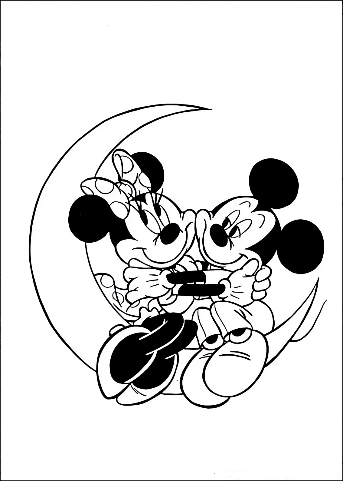 Disegno da colorare di Minnie e Topolino (Mickey Mouse) innamorati sulla luna