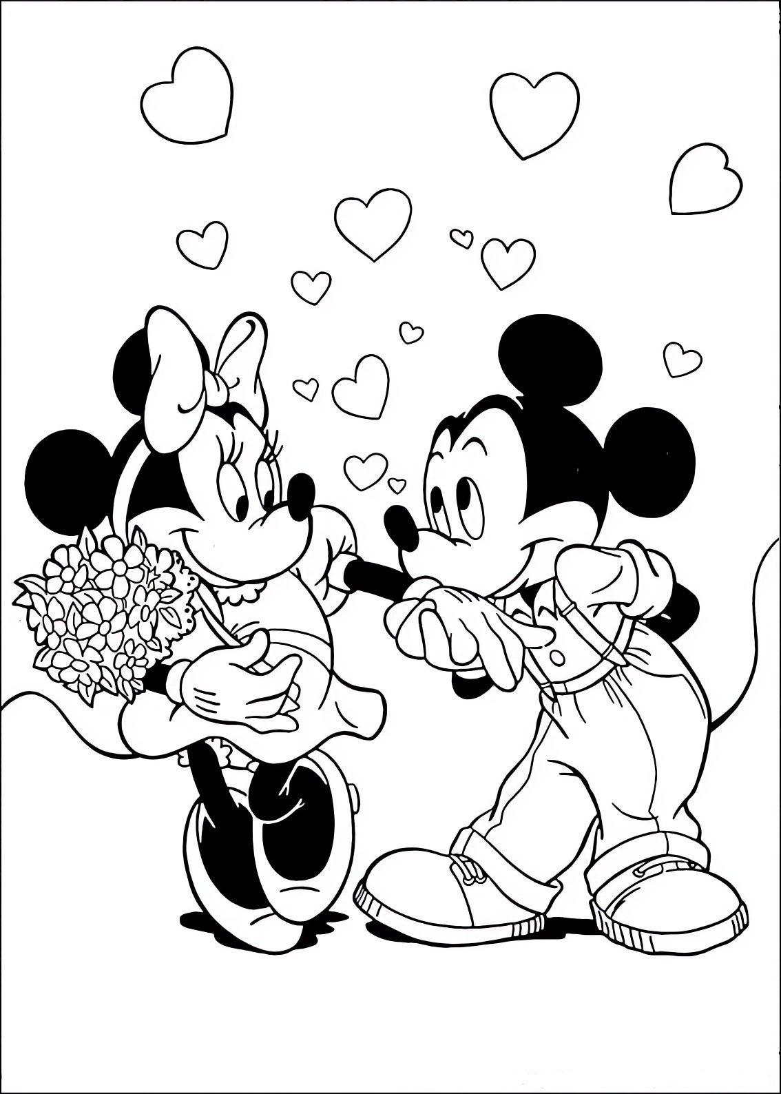 Coloring page of Minnie and Mickey Mouse (Mickey Mouse) in love with a bouquet of flowers
