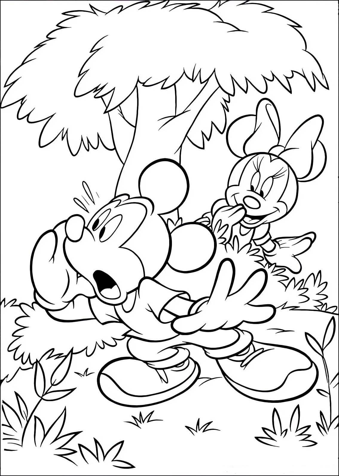 Disegno da colorare di Topolino (Mickey Mouse) che cerca Minnie nascosta fra i cespugli