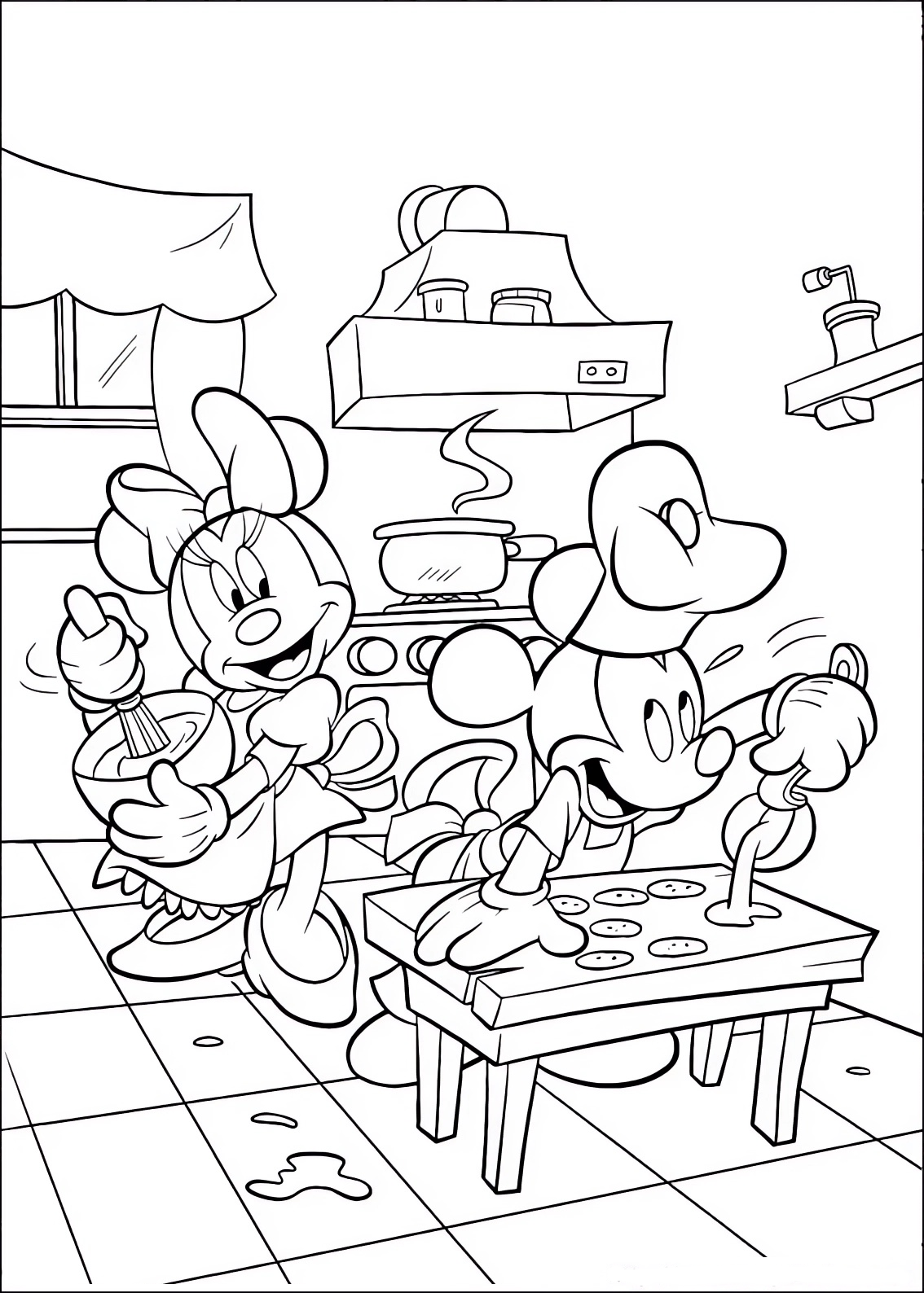 Coloring page of Minnie and Mickey Mouse (Mickey Mouse) pastry chefs preparing desserts