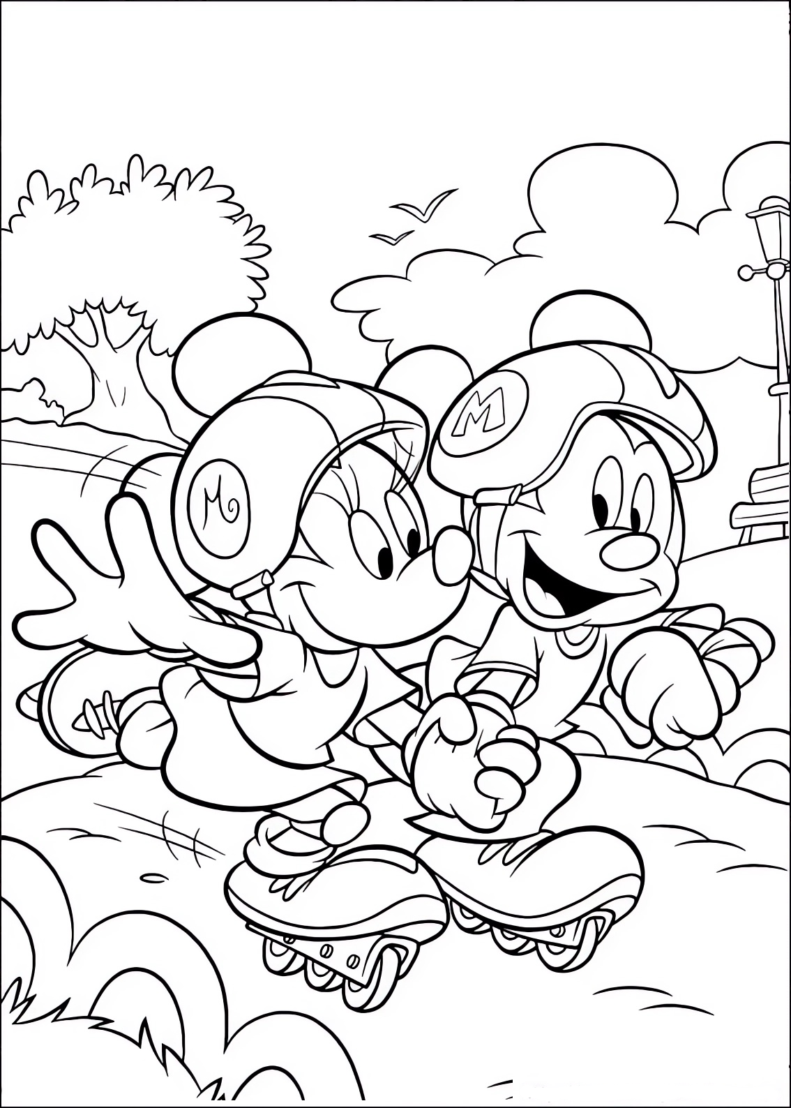 Coloring page of Minnie and Mickey Mouse with roller skates
