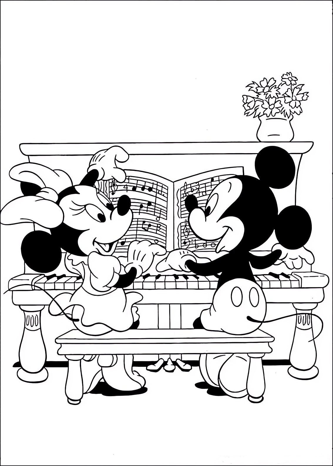 Coloring page of Minnie and Mickey Mouse playing the piano