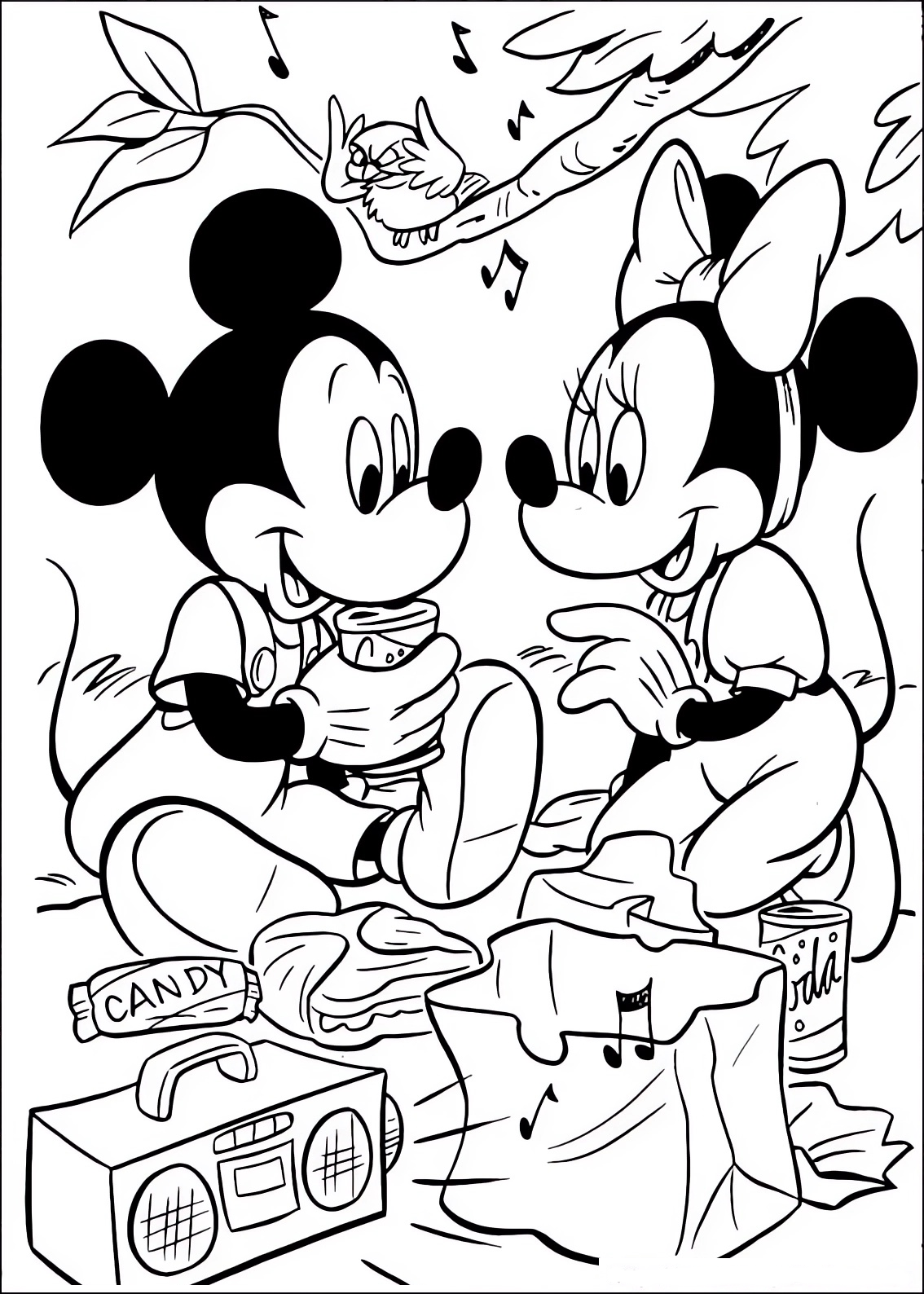 Coloring page of Minnie and Mickey Mouse having a picnic