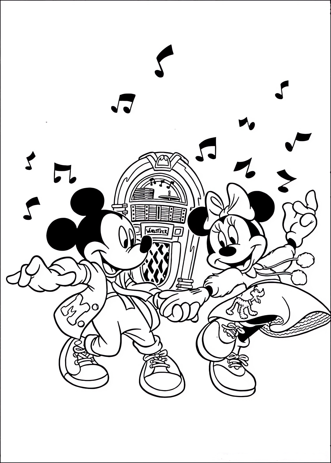Disegno da colorare di Minnie e Topolino (Mickey Mouse) che ballano il Rock 'n Roll