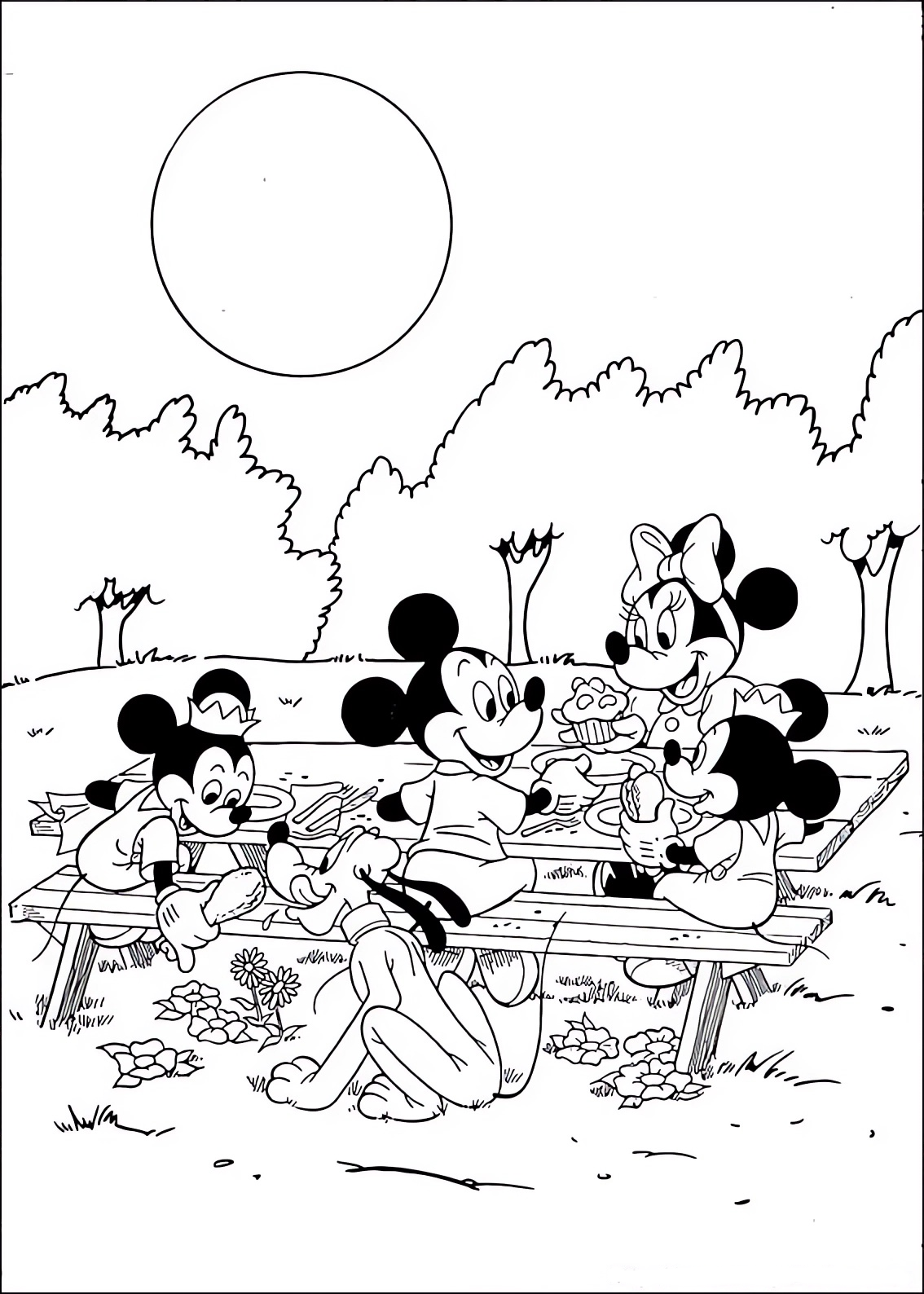 Disegno da colorare di Minnie, Topolino (Mickey Mouse), Tip, Tap e Pluto che fanno un picnic