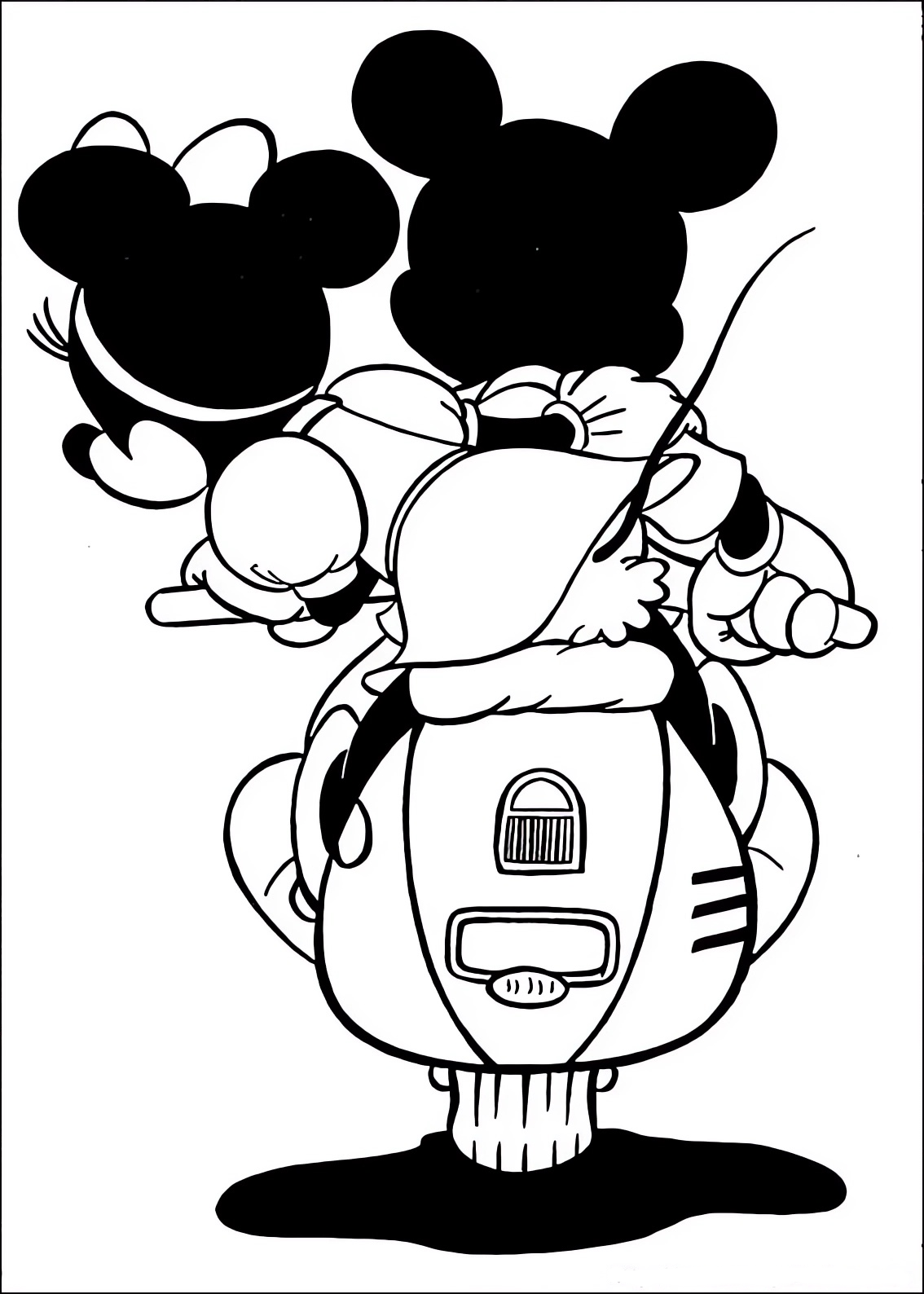 Disegno da colorare di Minnie e Topolino (Mickey Mouse) sullo scooter