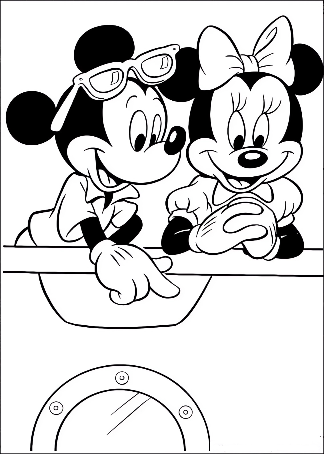 Fargeleggingsside av Minnie og Mickey på skipet
