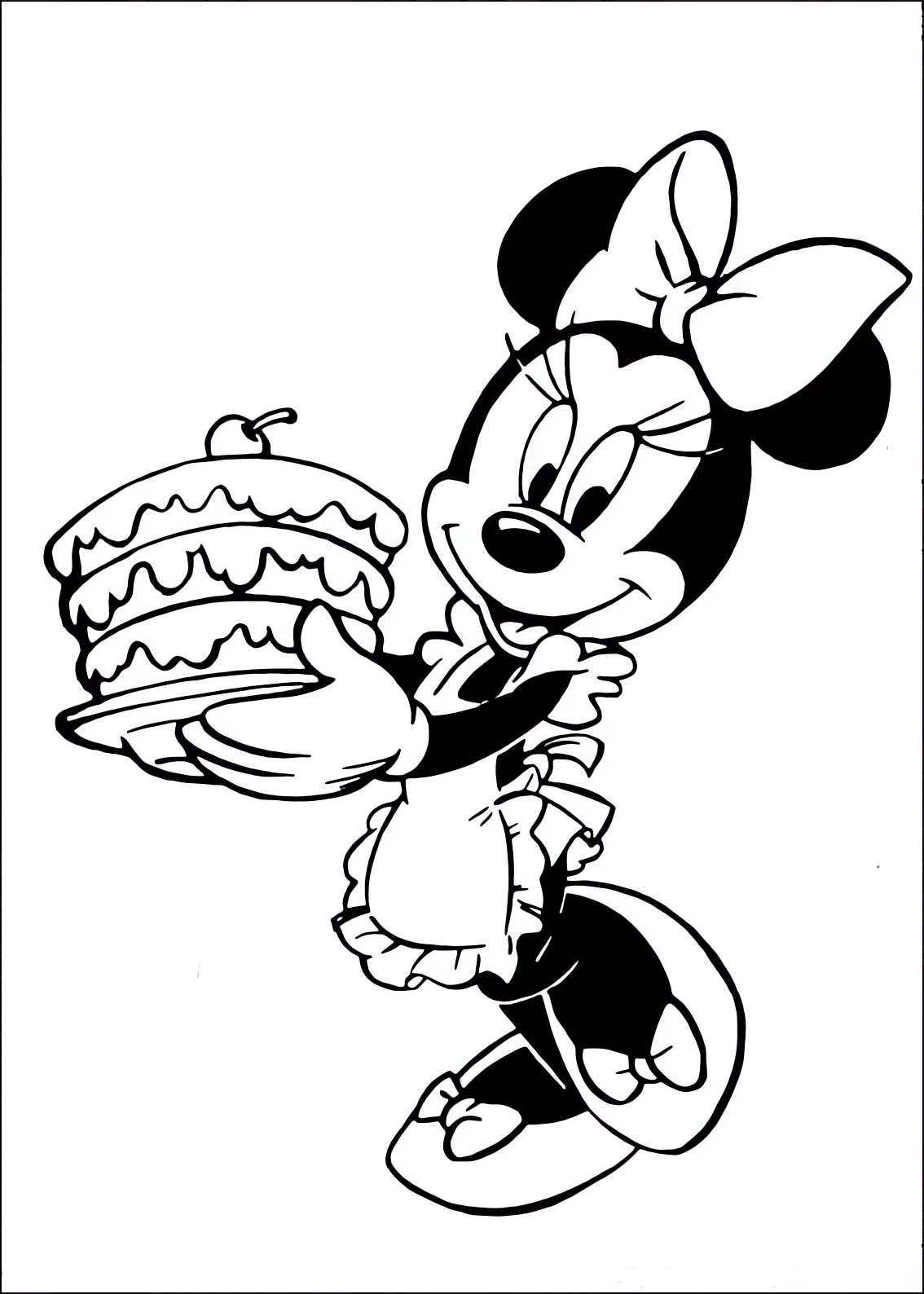 Disegno da colorare di Minnie che porta una torta