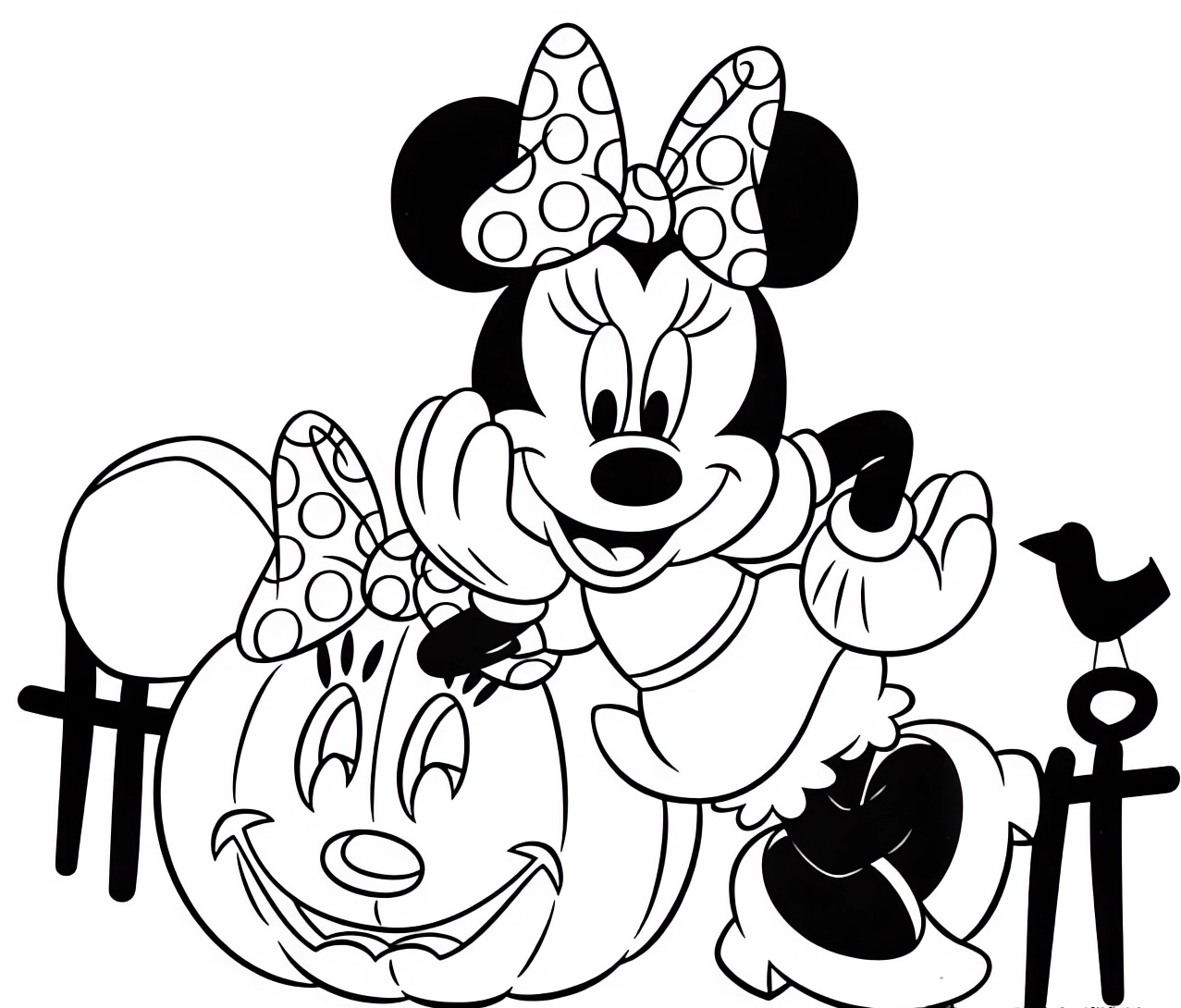 Coloring page of Minnie Mouse with Halloween pumpkin