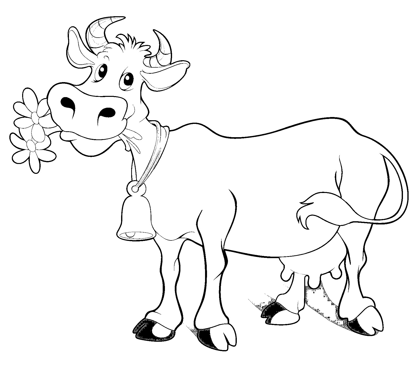 Kleurplaat van koe in cartoonstijl