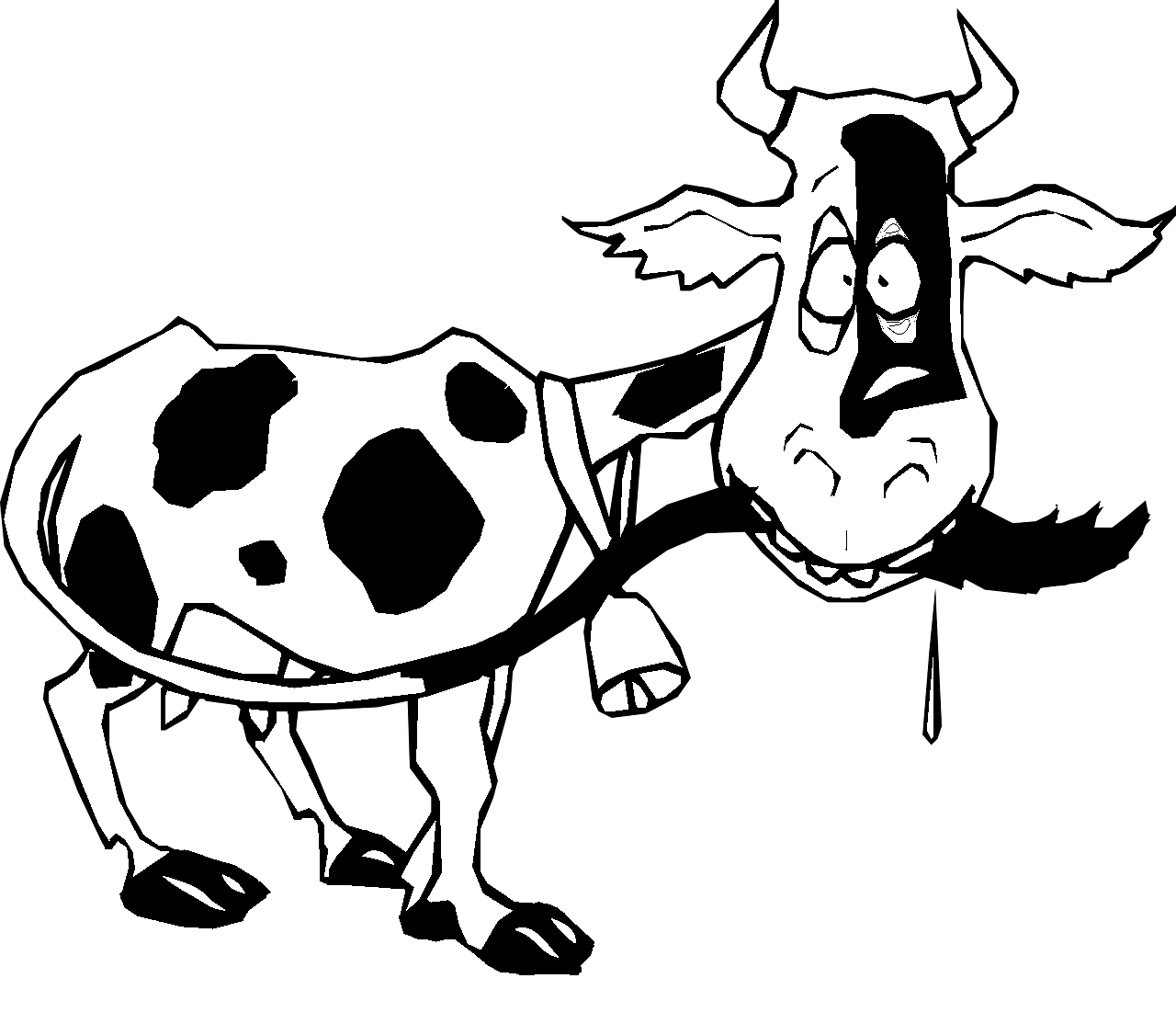 Kleurplaat van een koe die in haar staart bijt