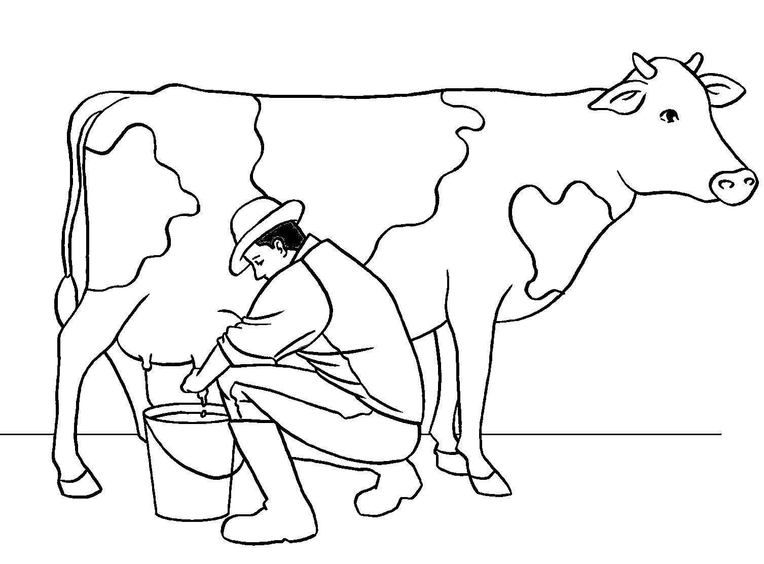Kleurplaat van man die een koe melkt