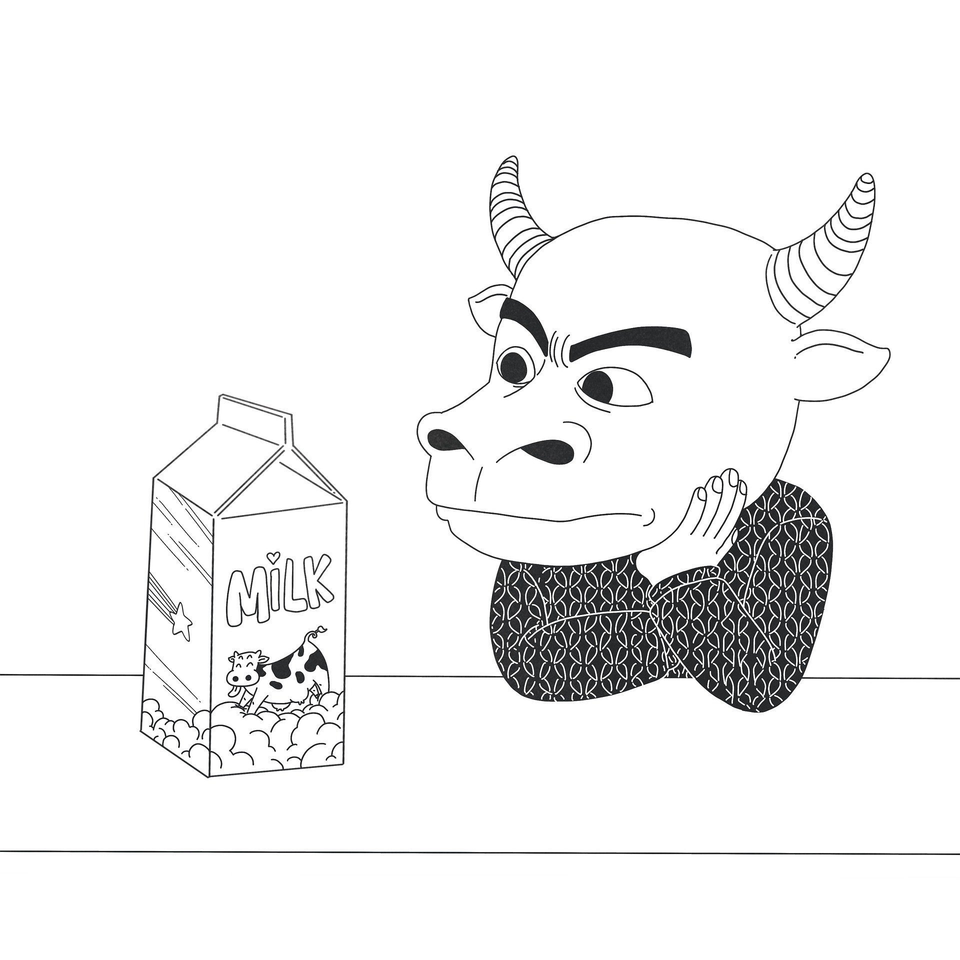 Disegno da colorare di toro che guarda un litro di latte