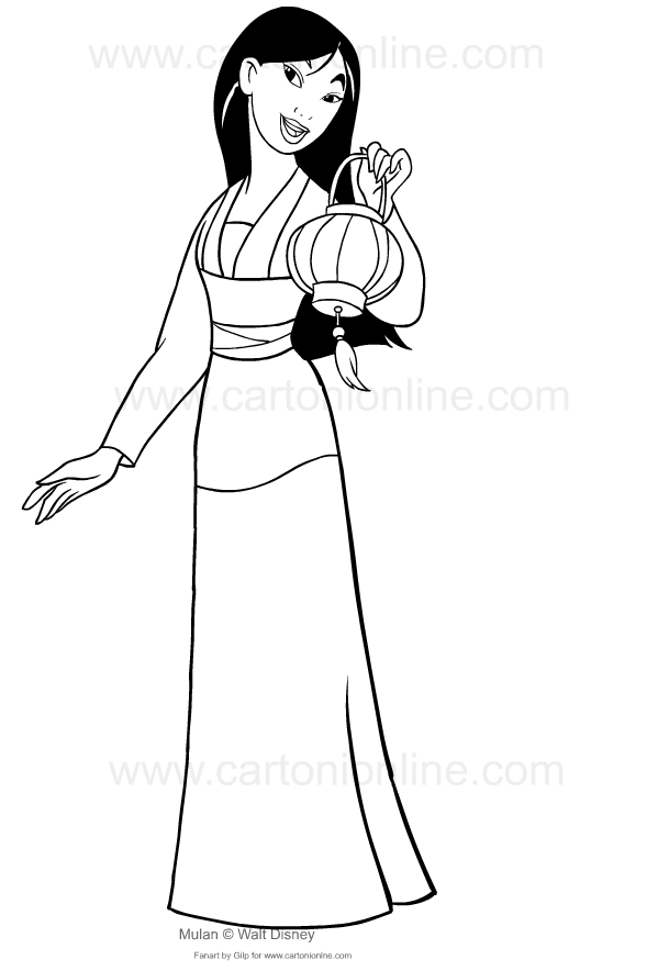 Disegno di Mulan con la lanterna da stampare e colorare