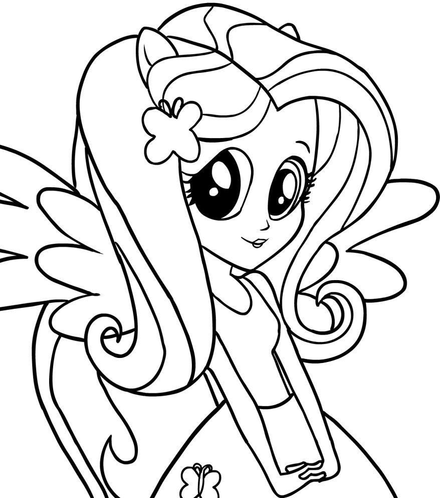 Disegno di Fluttershy (Equestria Girls) in primo piano delle My Little Pony da stampare e colorare