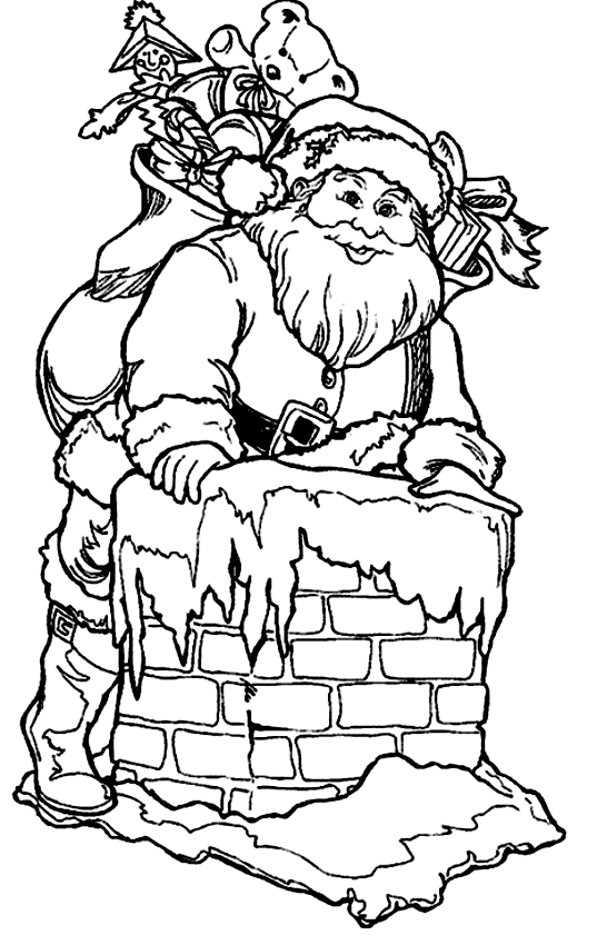 Drawing of Santa Claus passing by the chimney to print and color