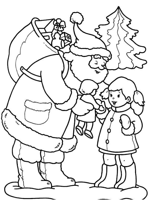 رسم سانتا كلوز يعطي دمية للفتاة الصغيرة للطباعة واللون