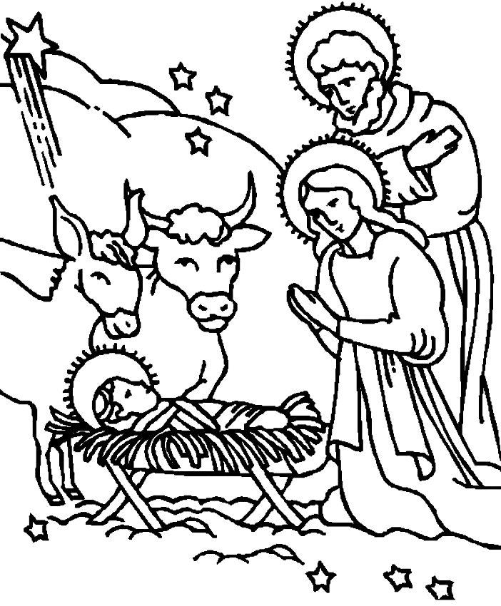 Nativity scen ritning för att skriva ut och färg