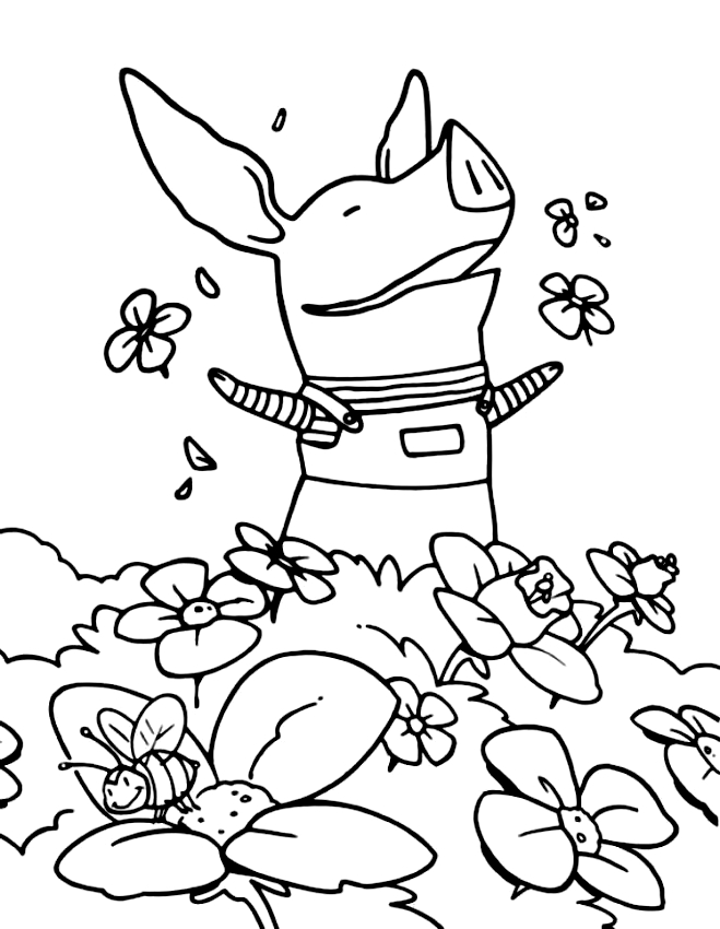 Dibujo de la feliz Olivia entre las flores para imprimir y colorear.