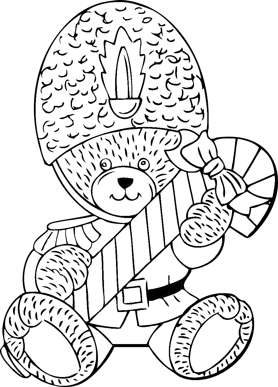 Disegno da colorare di orso guardia inglese con bastone di zucchero