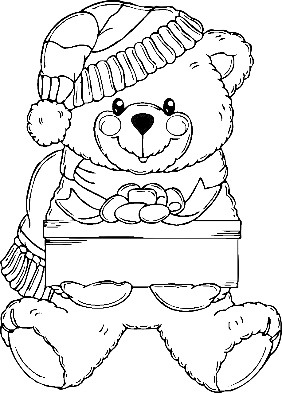 Disegno da colorare di orso con regalo di Natale
