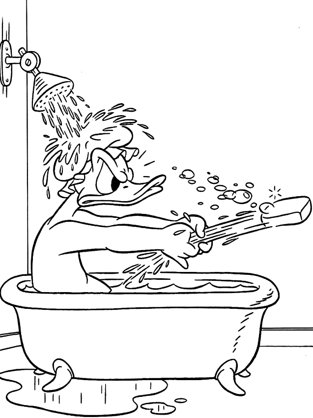 Donald Duck wast zich in het bad om af te drukken en te kleuren