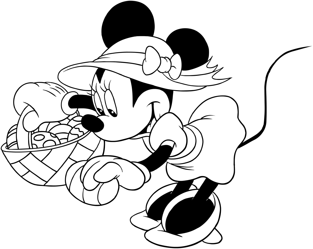 Disegno di Minnie con le uova di Pasqua da stampare e colorare