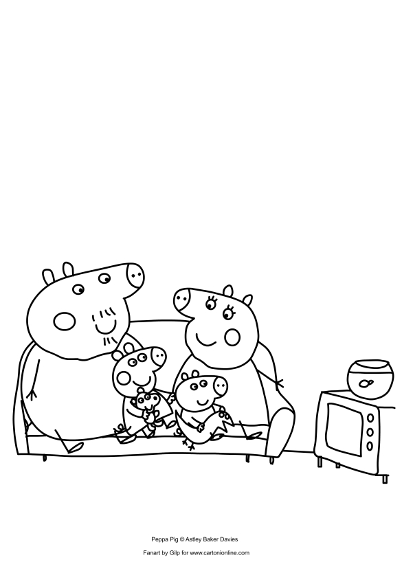 Disegno di Peppa Pig e George con i nonni, mentre guardano la TV