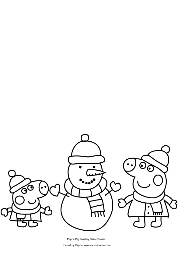 Dibujo de Peppa Pig y George construyendo un muñeco de nieve