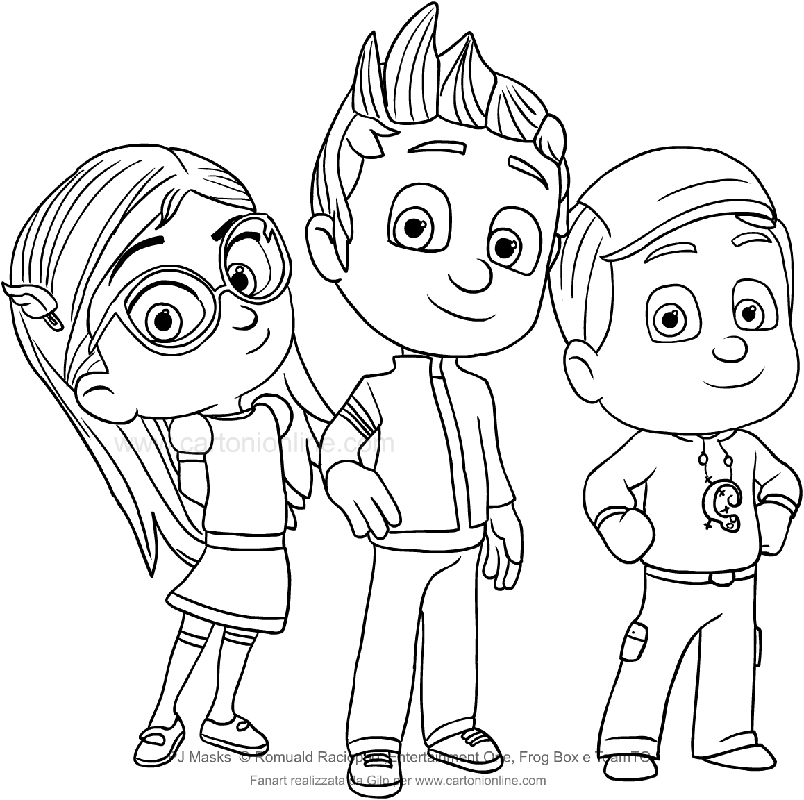 Dibujo de Connor, Amaya y Greg de los superpjamas de PJ Masks para imprimir y colorear