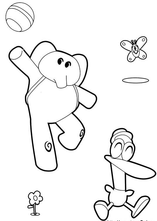 Dibujo de Elly y Pato jugando en el césped con la pelota para imprimir y colorear