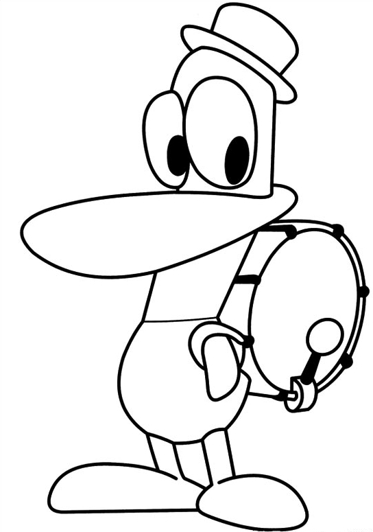Disegno di Pato con il tamburo della grancassa sulle spalle da stampare e colorare