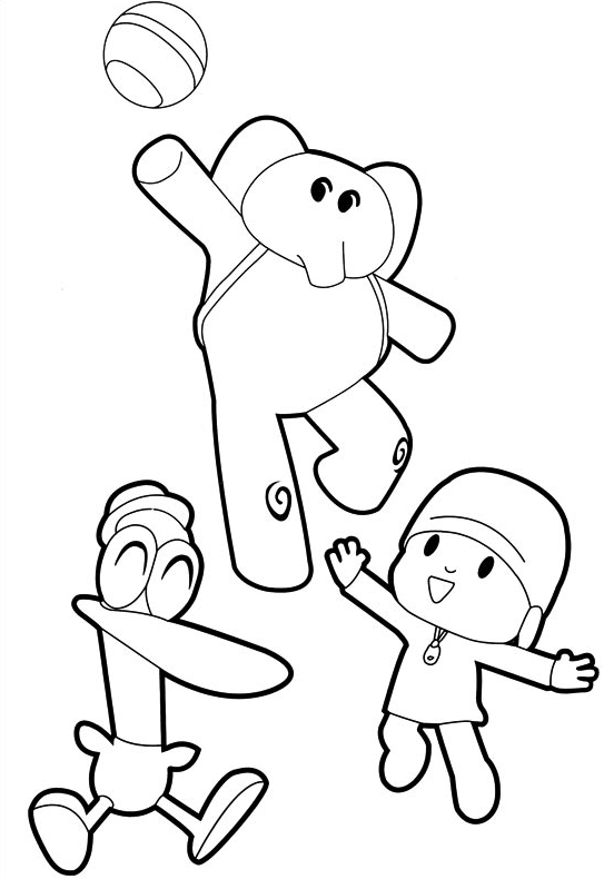 Dibujo de Pocoyó, Pato y Elly jugando con la pelota para imprimir y colorear