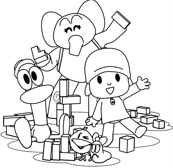 Disegno di Pocoyo, Pato ed Elly che ci salutano fra i loro giocattoli da stampare e colorare