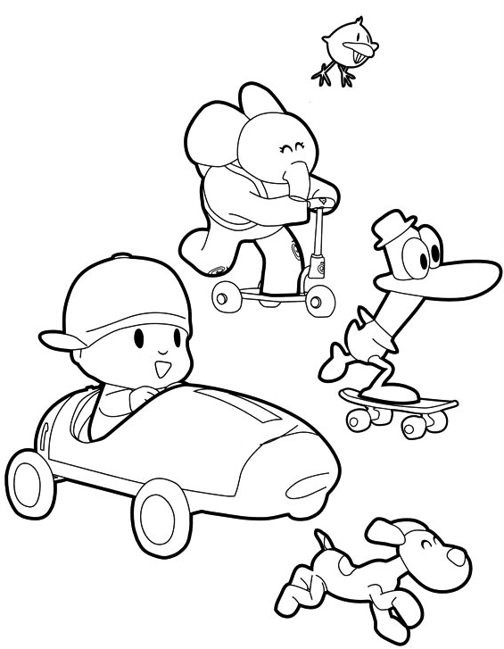 Disegno di Pocoyo, Pato, Elly a bordo dei loro veicoli da stampare e colorare