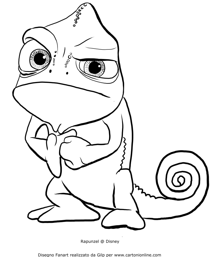 Drawing of Pascal the Rapunzel chameleon to print and color