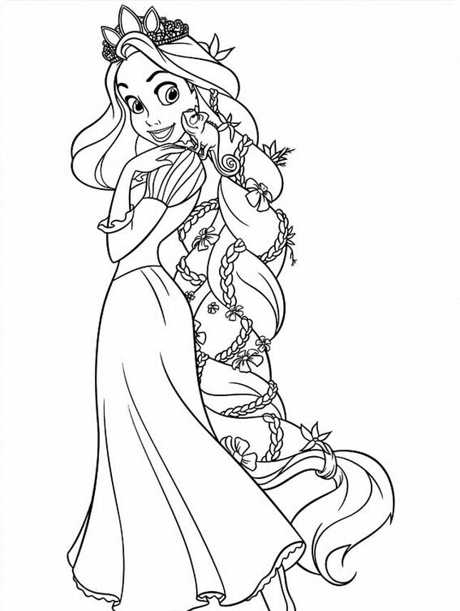 Disegno di Rapunzel con la treccia da stampare e colorare 