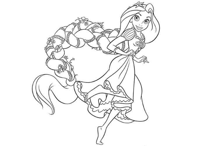 Rapunzel with the braid running coloring page to print and color