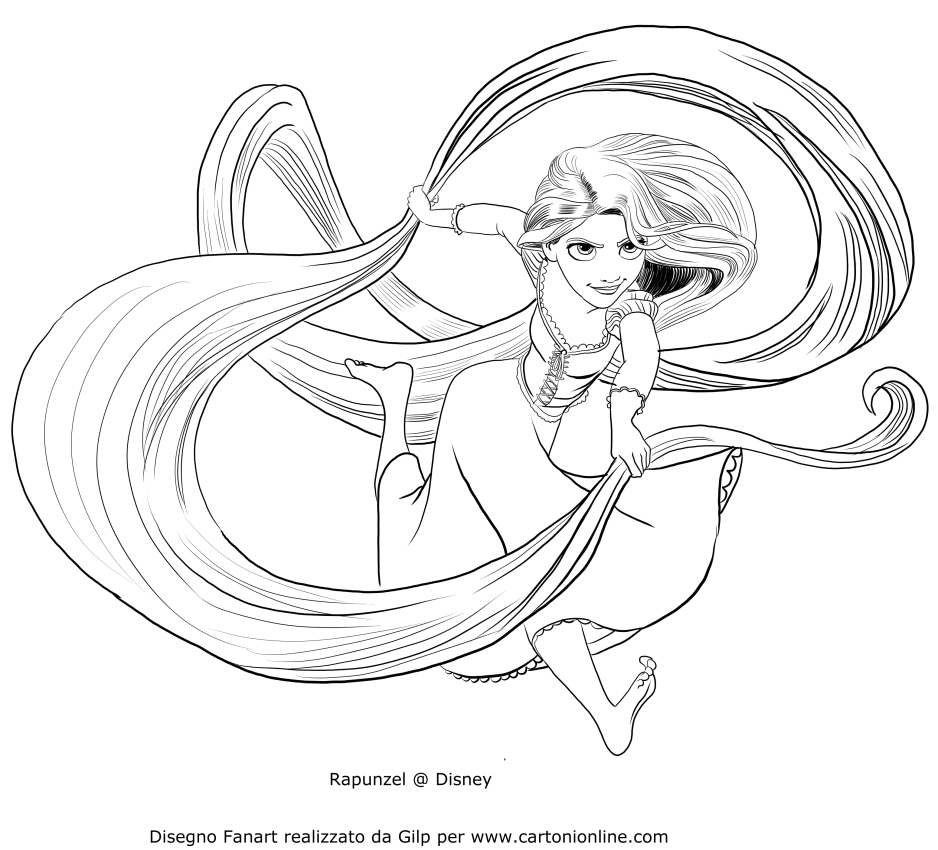 Tekening van Rapunzel die aanvalt, met haar haar om af te drukken en te kleuren