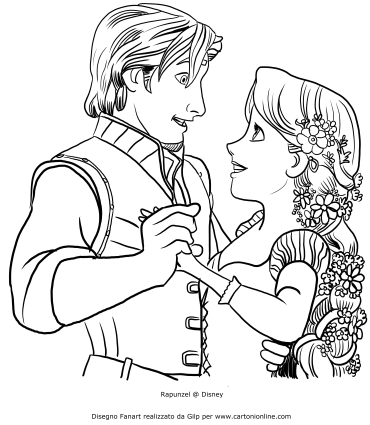 Rapunzel dancing with Flynn Ryder coloring page to print and color