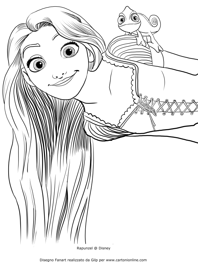 Disegno di Rapunzel con Pascal sulla spalla da stampare e colorare 