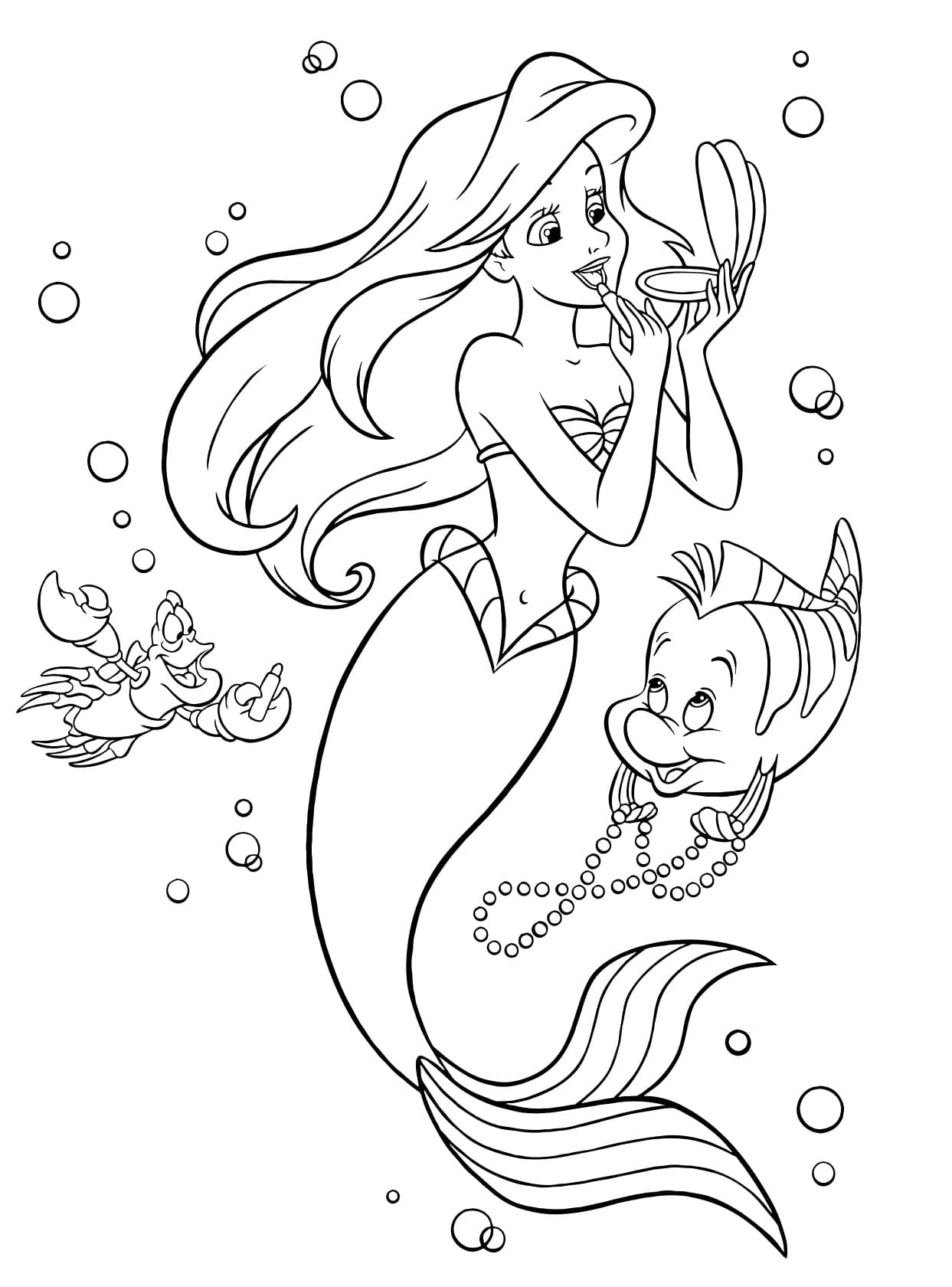 Ausmalbilder Ariel, Sebastian, Flounder von die Meerjungfrau zum Drucken und Frben