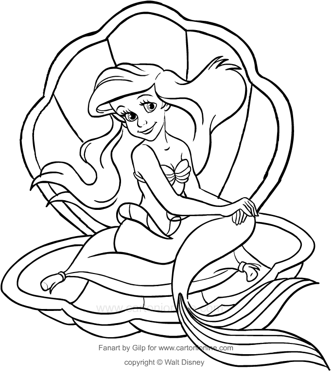 Dibujo de Ariel dentro de la concha (La sirena) para imprimir y colorear